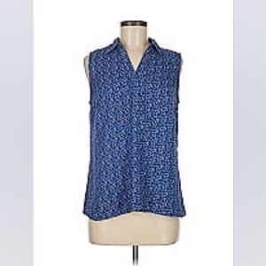 Sleeveless collared V-neck blouse, blue/black sz: M, Dana Buchman, easycare, NEW